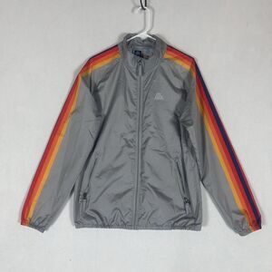 ALDI Windbreaker Employee Jacket Mens Medium Lightweight Gray Rainbow Sleeves